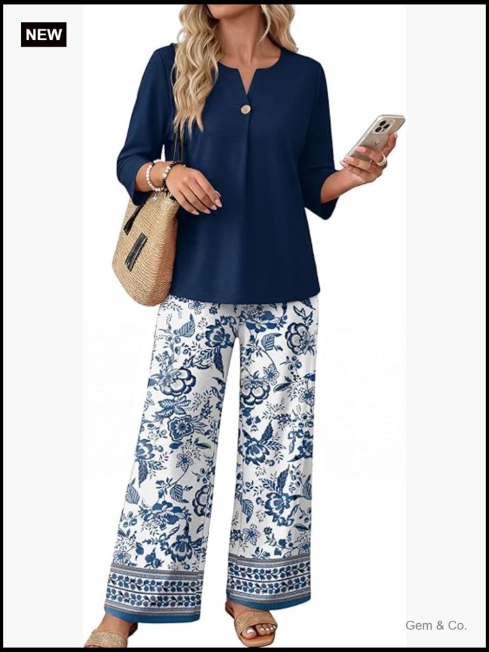 Two Piece Lounge Set 3/4 Sleeve V-Neck Top Wide Leg Pants Travel Outfit - Picture 1 of 6